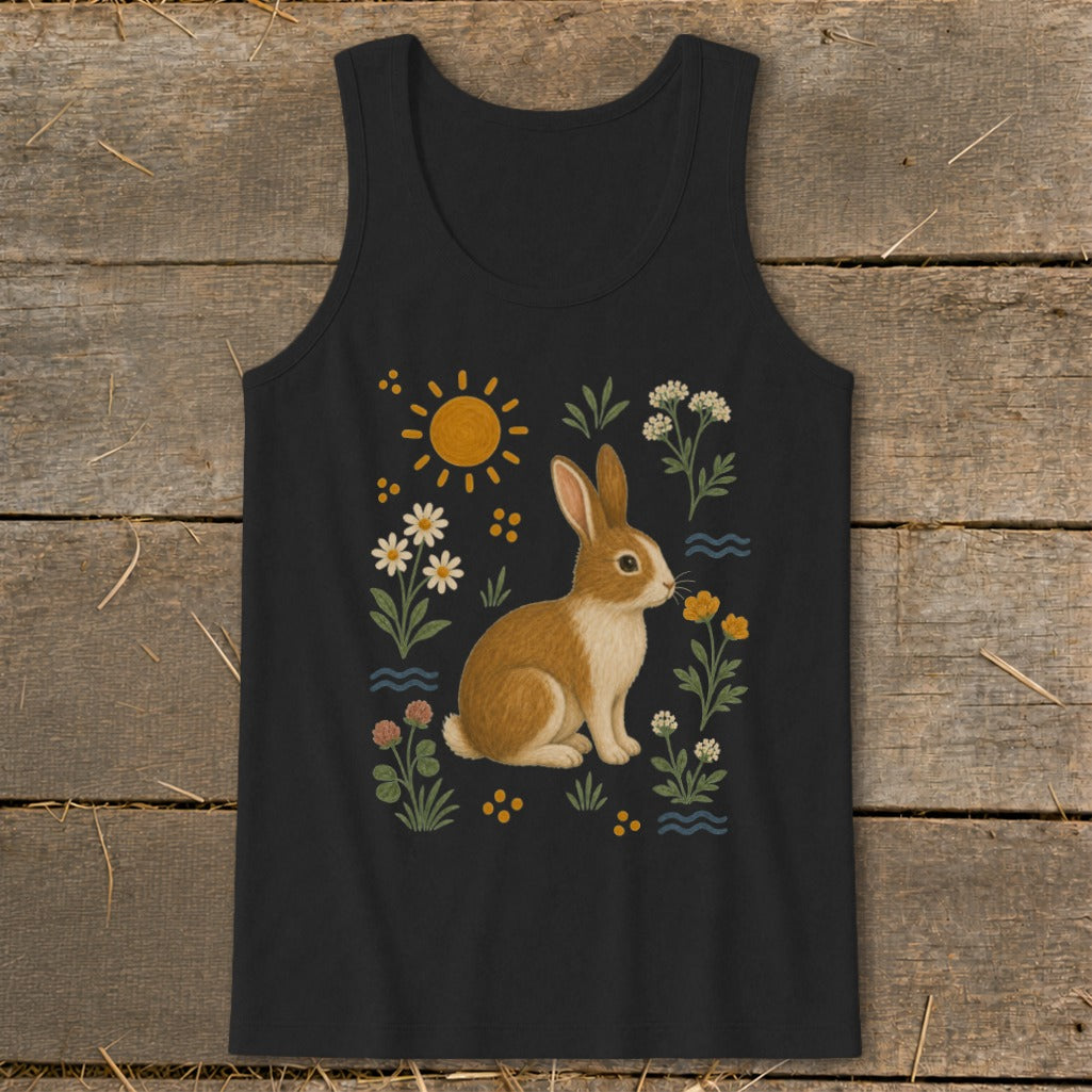 Tank top with brown and white rabbit, flowers, sun, and water design.