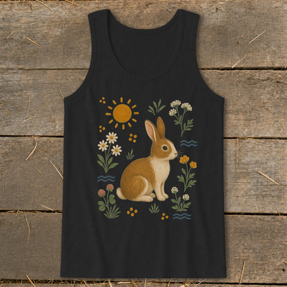 Tank top with brown and white rabbit, flowers, sun, and water design.
