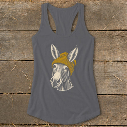 Grey tank top with a sketch of a donkey wearing a yellow beanie.