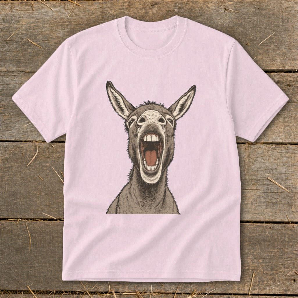 Pink t-shirt with a detailed illustration of a donkey braying with its mouth wide open.