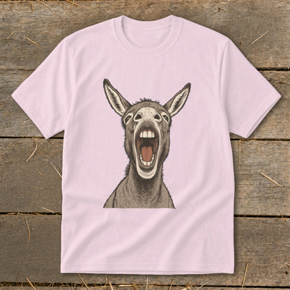Pink t-shirt with a detailed illustration of a donkey braying with its mouth wide open.