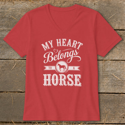 Red V-neck t-shirt with white text "My Heart Belongs To A Horse" and horse graphic.