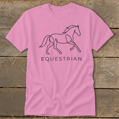 Pink t-shirt with black line art of a running horse and the text "EQUESTRIAN".