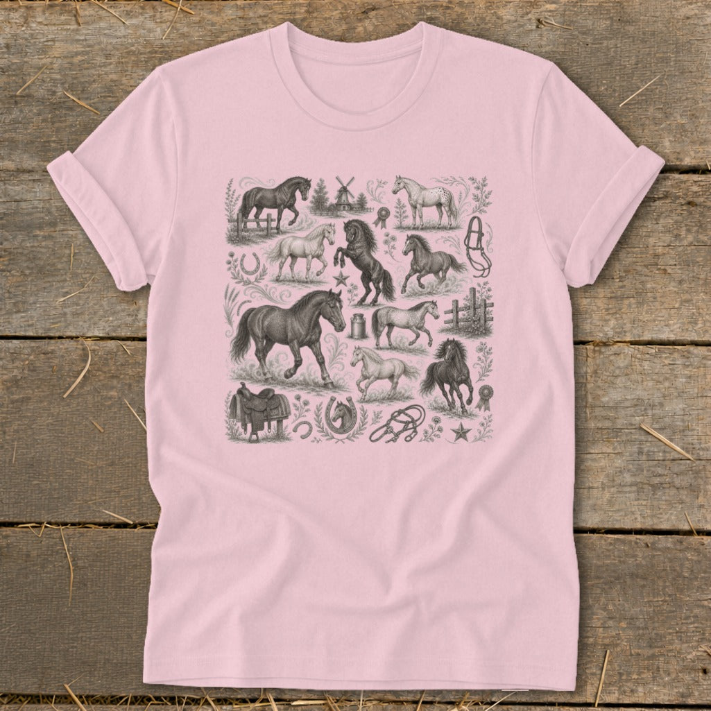 Pink t-shirt with a montage of horse illustrations and equestrian elements.
