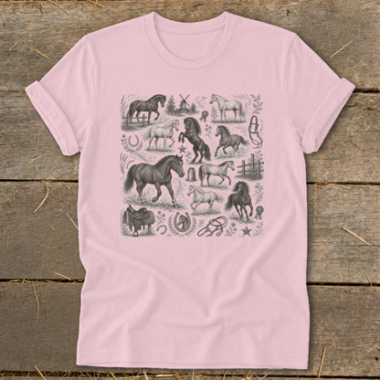 Pink t-shirt with a montage of horse illustrations and equestrian elements.