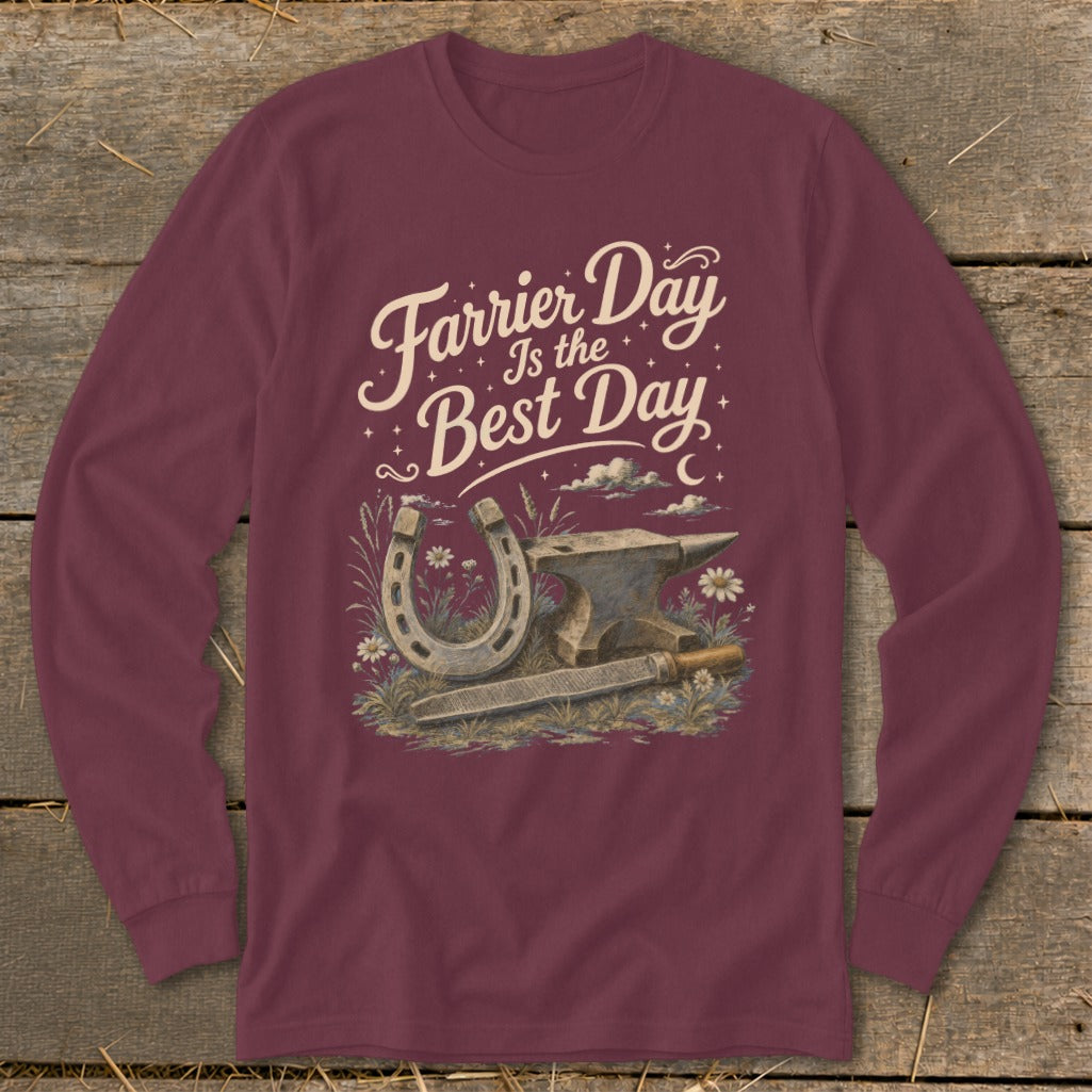 Maroon long sleeve shirt with "Farrier Day Is the Best Day" graphic and horseshoe.