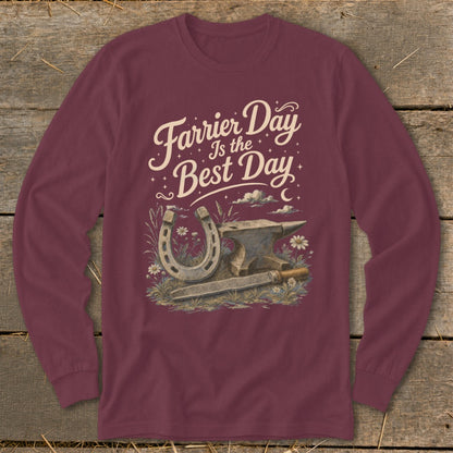 Maroon long sleeve shirt with "Farrier Day Is the Best Day" graphic and horseshoe.