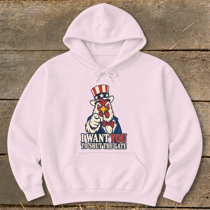 Pink hoodie with a rooster in a top hat and Uncle Sam attire pointing at viewer.