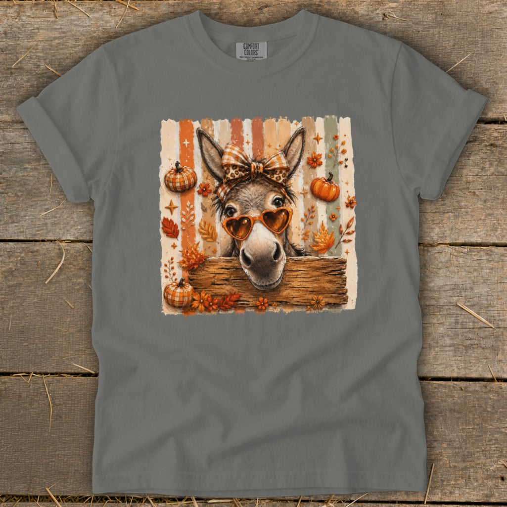 Donkey wearing heart sunglasses and a bow with pumpkins and fall leaves.