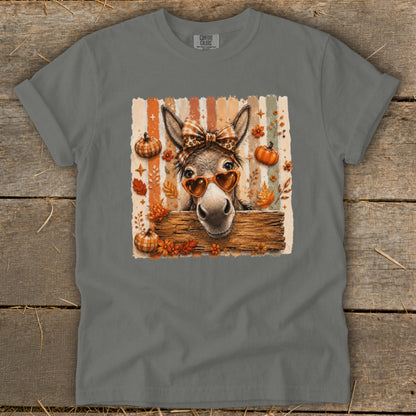 Donkey wearing heart sunglasses and a bow with pumpkins and fall leaves.