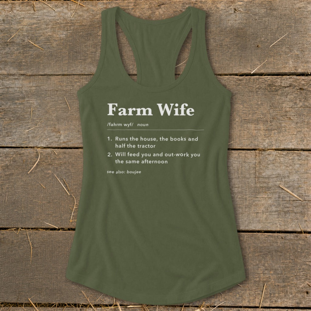Olive green tank top with "Farm Wife" definition text.