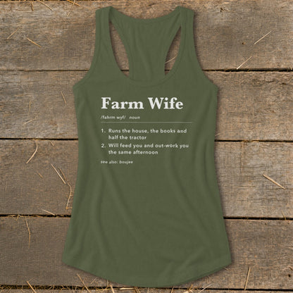 Olive green tank top with "Farm Wife" definition text.