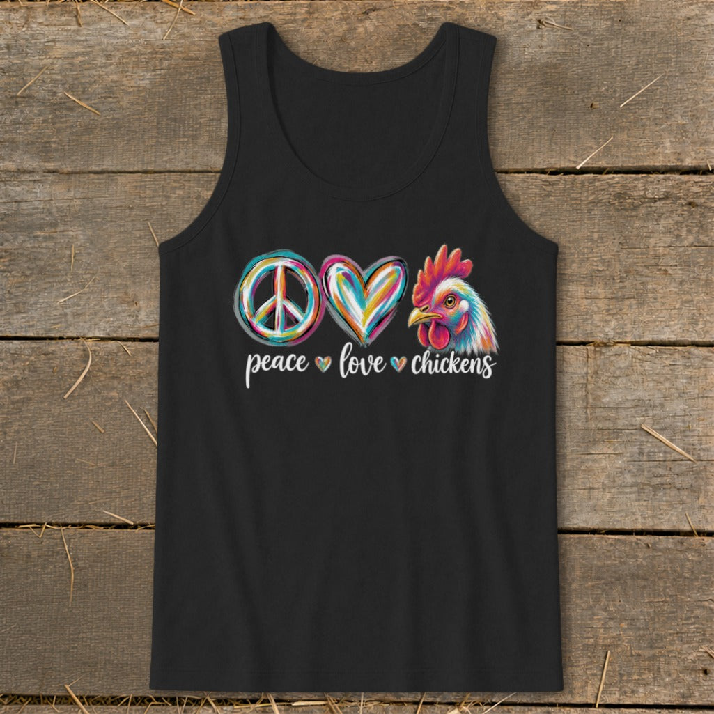 Black tank top with peace, love, chicken icons and text.