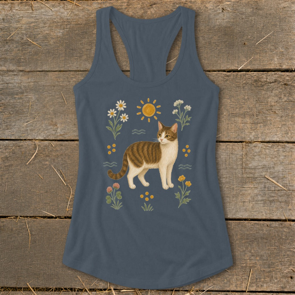 Tabby cat illustration with sun and flowers on a slate blue racerback tank top.