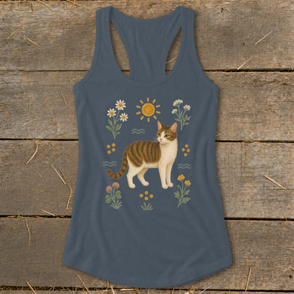 Tabby cat illustration with sun and flowers on a slate blue racerback tank top.
