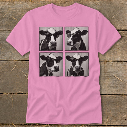 Four black and white portraits of cows wearing sunglasses on a pink t-shirt.