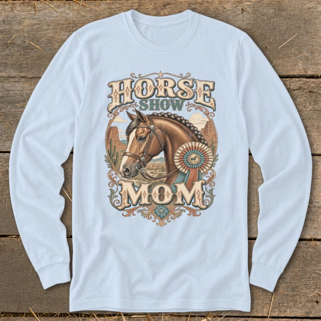 Horse Show Mom graphic with a horse and decorative ribbon on a light blue shirt.