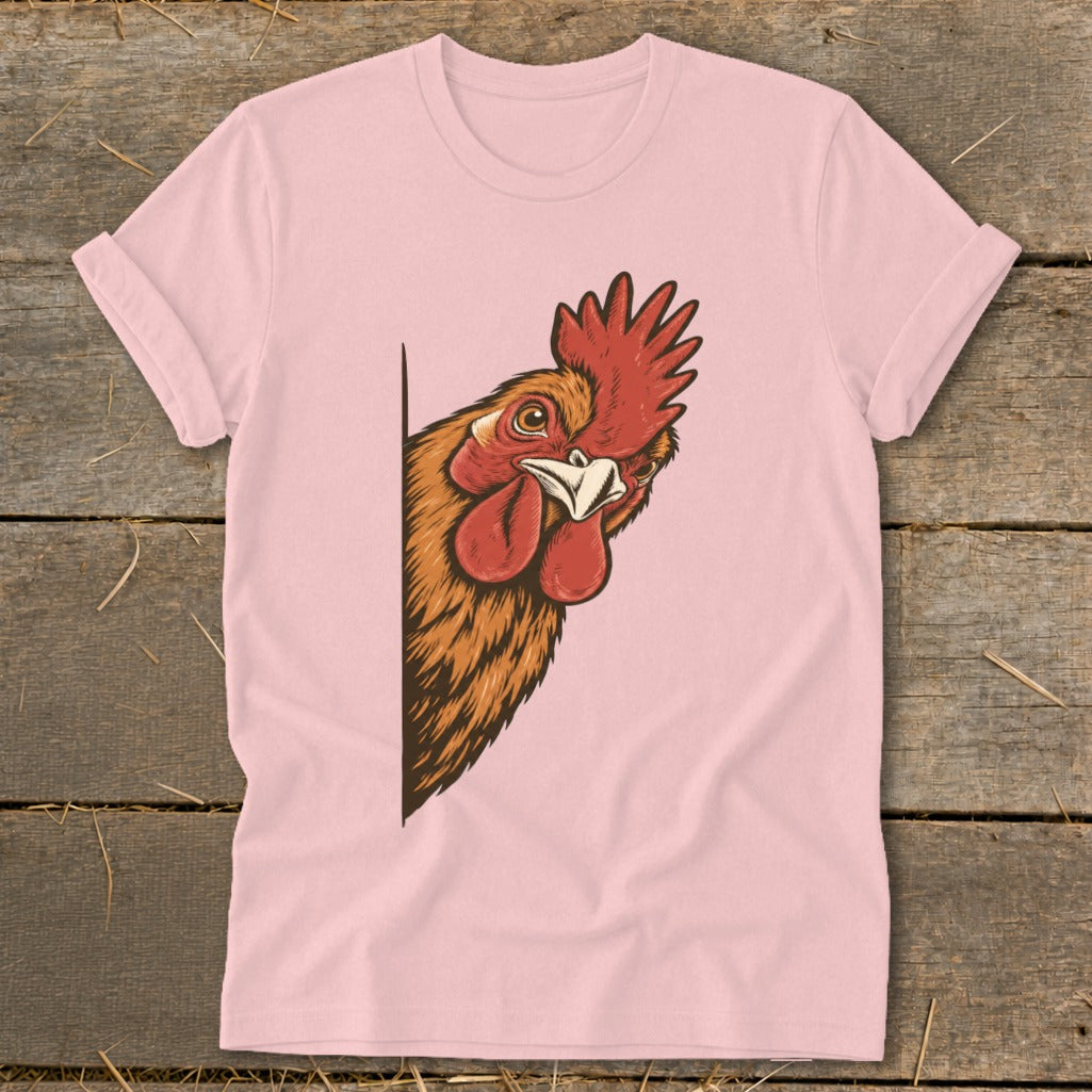 Pink t-shirt with illustration of a rooster peeking from the side.