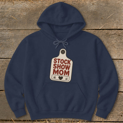 Navy blue hoodie with "Stock Show Mom" text on a tag graphic.