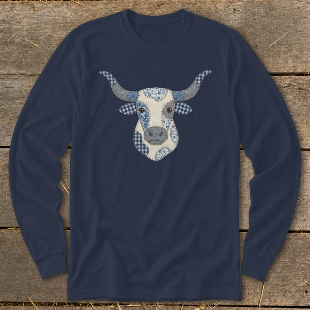 Navy long-sleeve shirt with a patchwork bull face graphic.