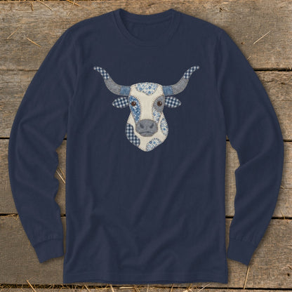 Navy long-sleeve shirt with a patchwork bull face graphic.