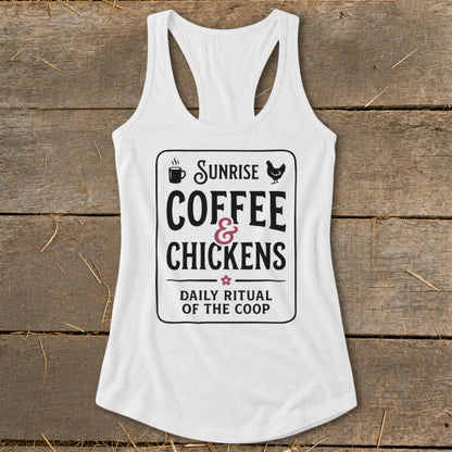 White tank top with "Sunrise Coffee & Chickens Daily Ritual of the Coop" graphic.