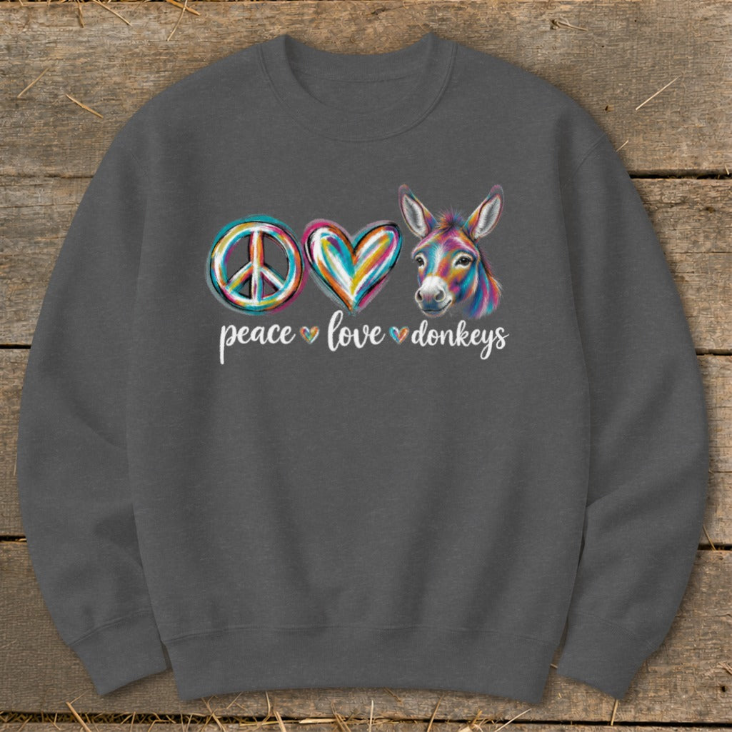 Peace love donkeys graphic on a grey sweatshirt with colorful peace sign, heart, and donkey.