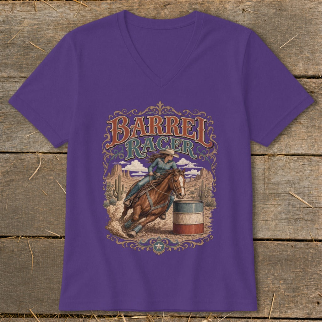 Purple t-shirt with a barrel racer on horseback graphic and text.