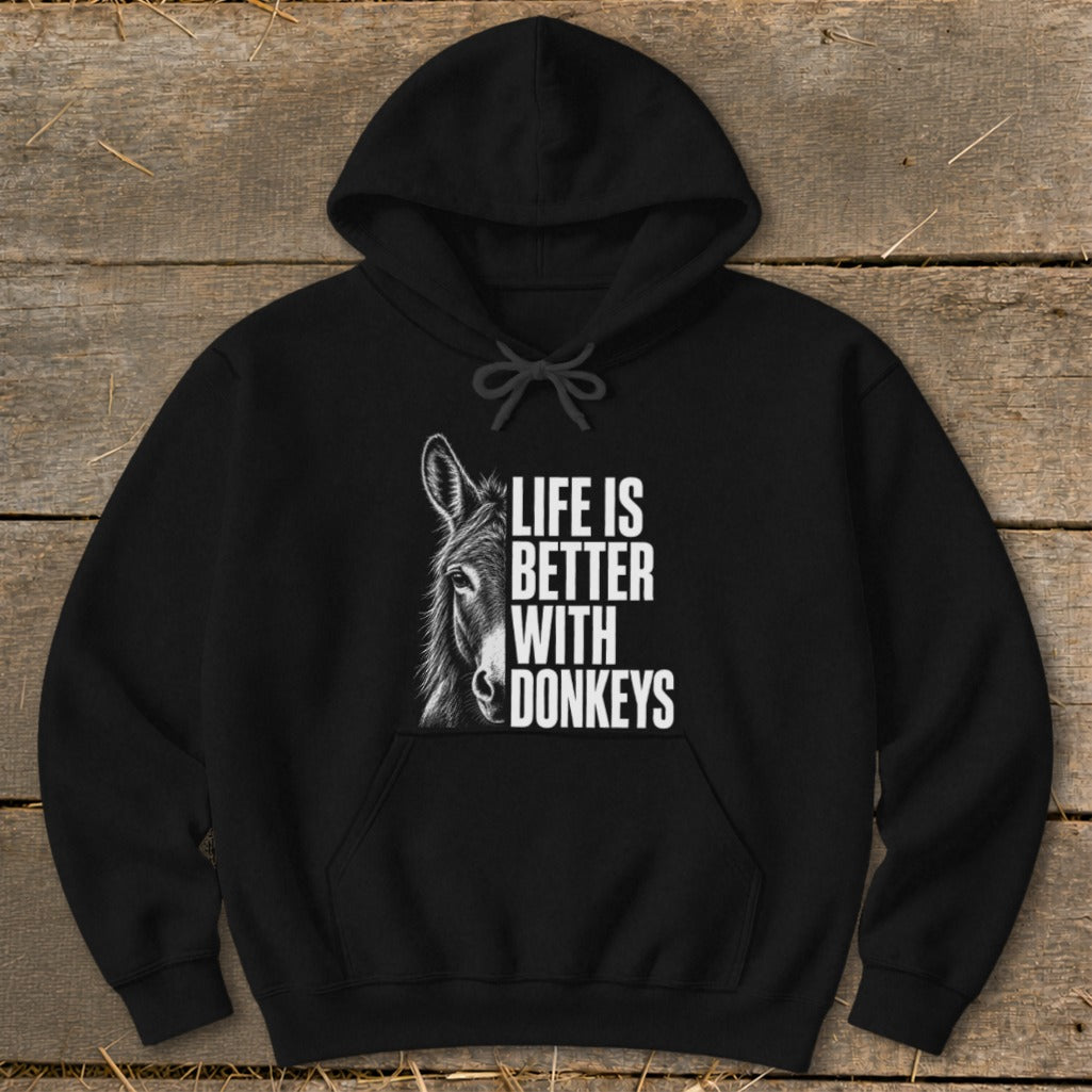 Black hoodie with donkey graphic and text "Life is Better With Donkeys".