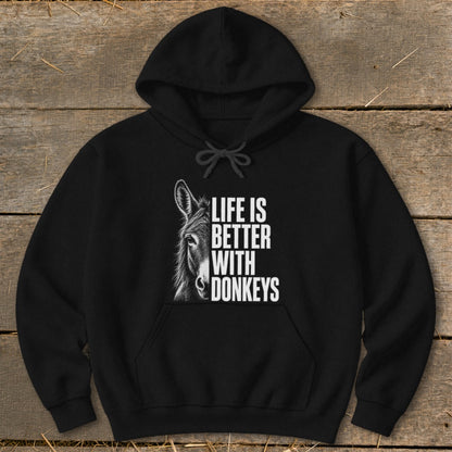 Black hoodie with donkey graphic and text "Life is Better With Donkeys".