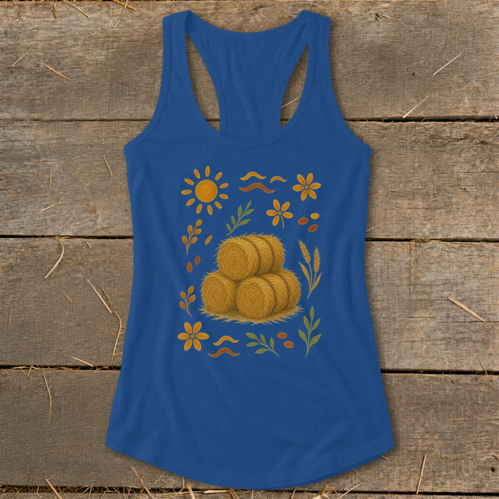 Blue tank top with stacked hay bales and autumn-themed graphic print.