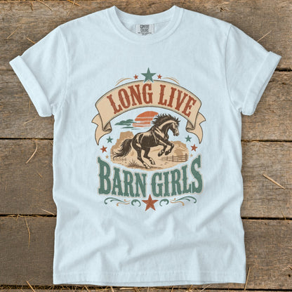 White t-shirt with "LONG LIVE BARN GIRLS" graphic featuring a running horse.