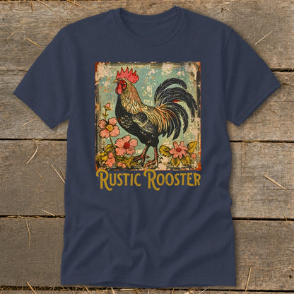 Navy t-shirt with a rustic rooster and flowers graphic, and text.