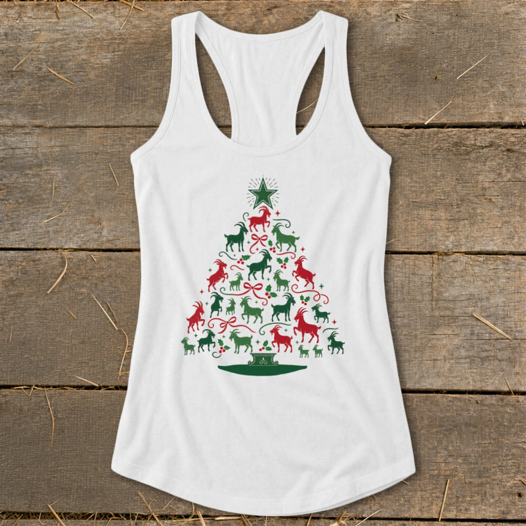 White tank top with a Christmas tree made of red and green goats.