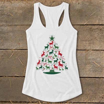 White tank top with a Christmas tree made of red and green goats.
