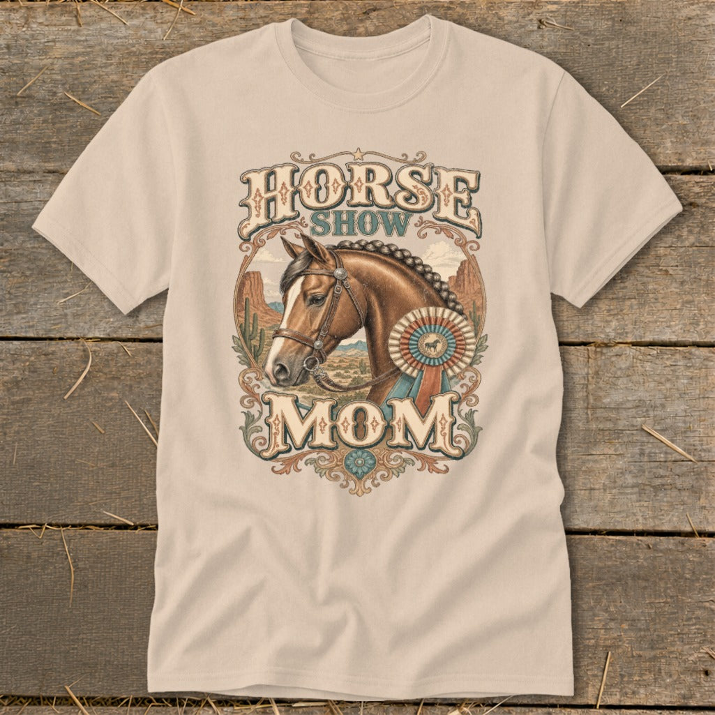 Horse Show Mom graphic on a light tan t-shirt featuring a horse head and ribbon.