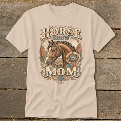 Horse Show Mom graphic on a light tan t-shirt featuring a horse head and ribbon.