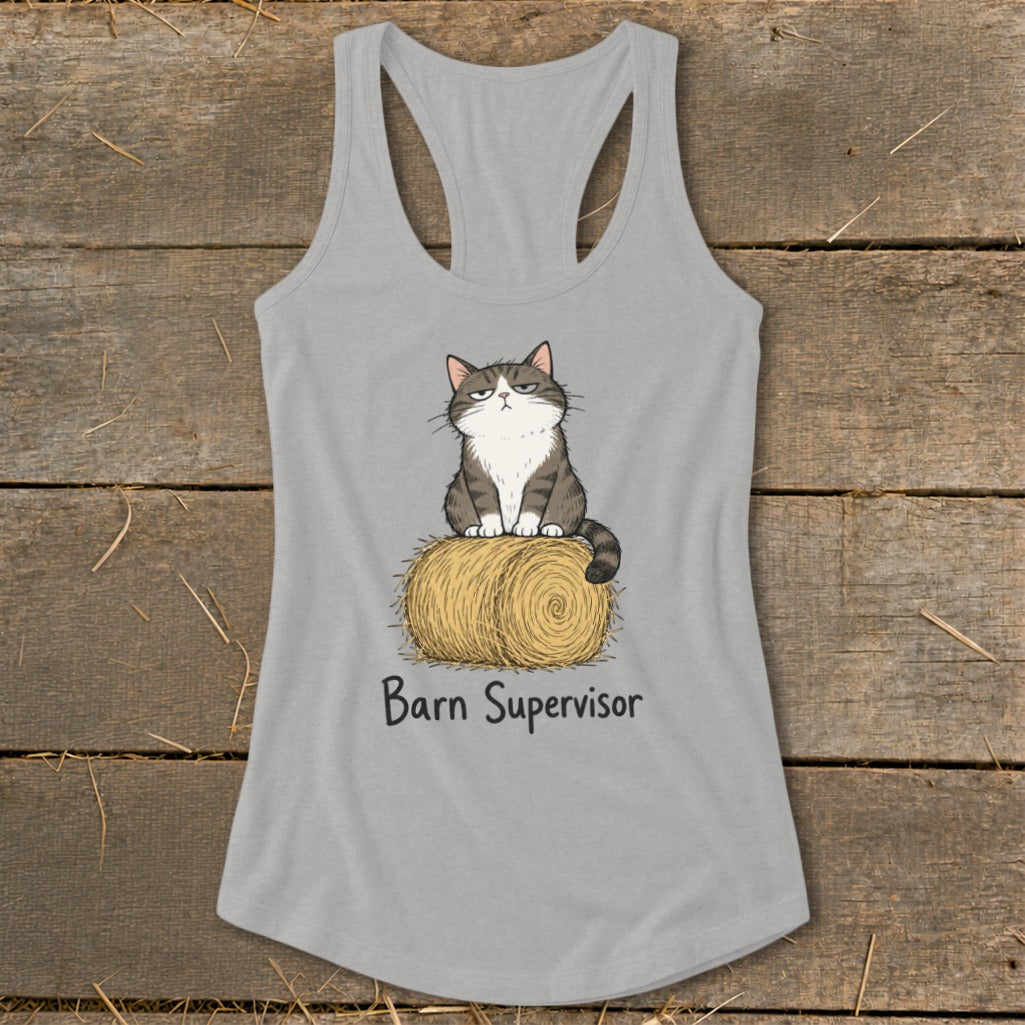 Gray tank top with cartoon cat sitting on a hay bale with text "Barn Supervisor".