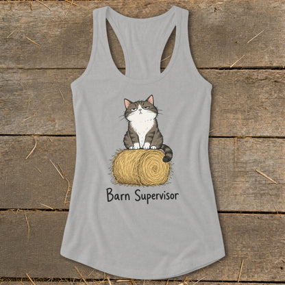 Gray tank top with cartoon cat sitting on a hay bale with text "Barn Supervisor".