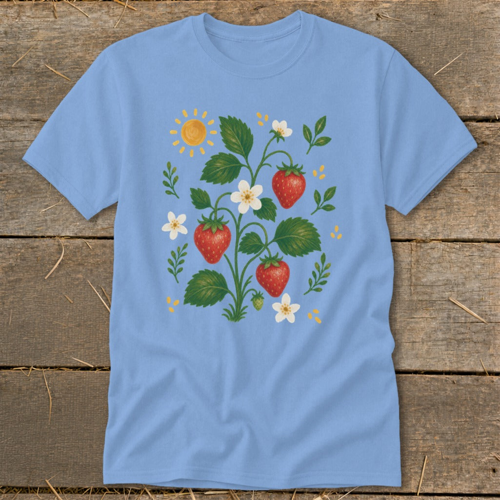 Light blue t-shirt with a strawberry plant illustration and a yellow sun.