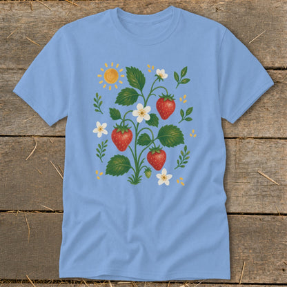 Light blue t-shirt with a strawberry plant illustration and a yellow sun.