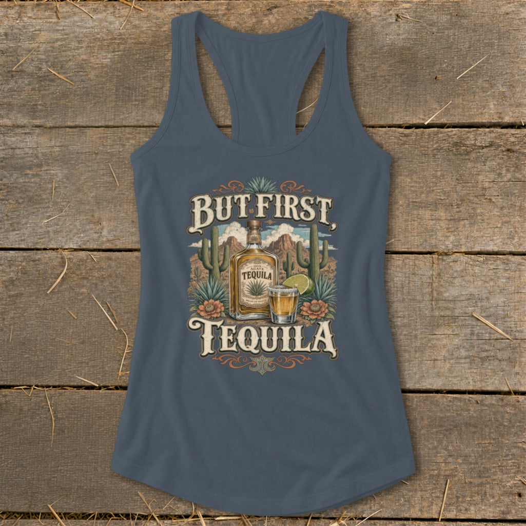 Tank top with "But First, Tequila" graphic featuring desert landscape.