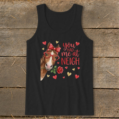 Horse with heart glasses and rose, "You Had Me at Neigh" text on black tank top.