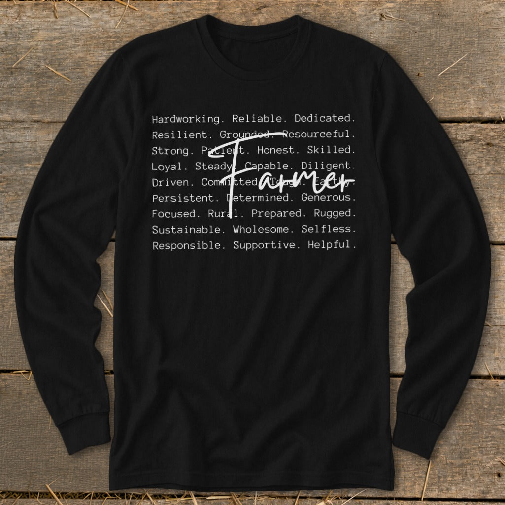 Black long-sleeve shirt with "Farmer" and descriptive words.