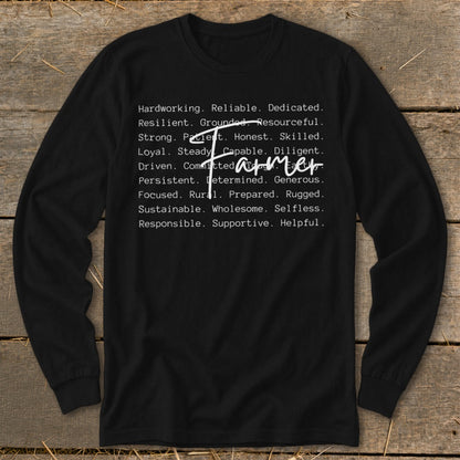 Black long-sleeve shirt with "Farmer" and descriptive words.