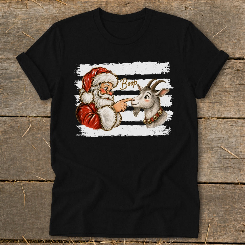 Santa boops a goat on the nose with the word "Boop" above.