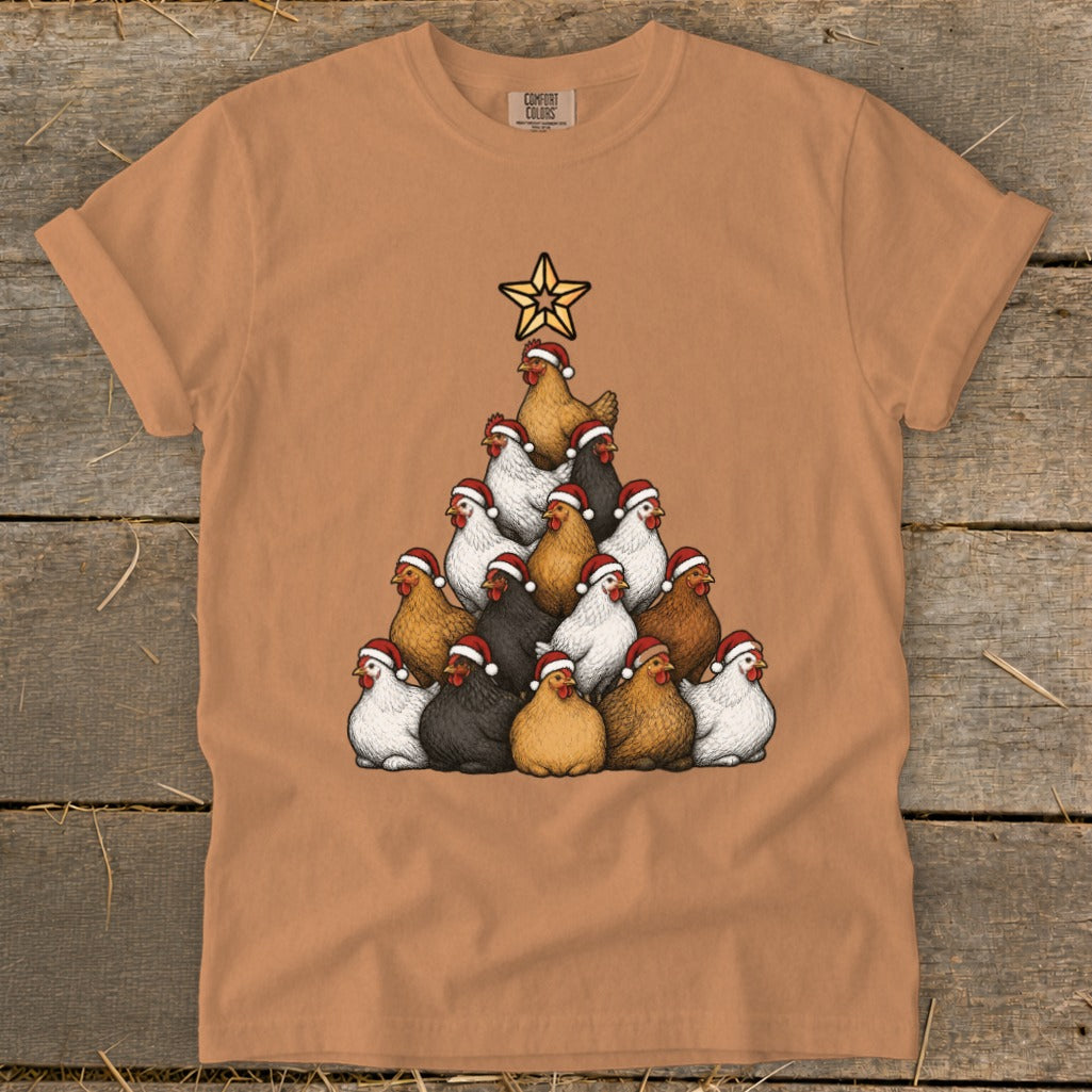 T-shirt with Christmas tree made of chickens wearing Santa hats.