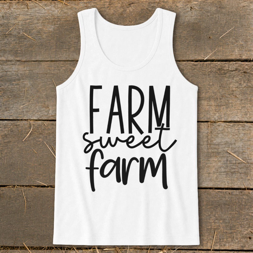 White tank top with "FARM sweet farm" text.