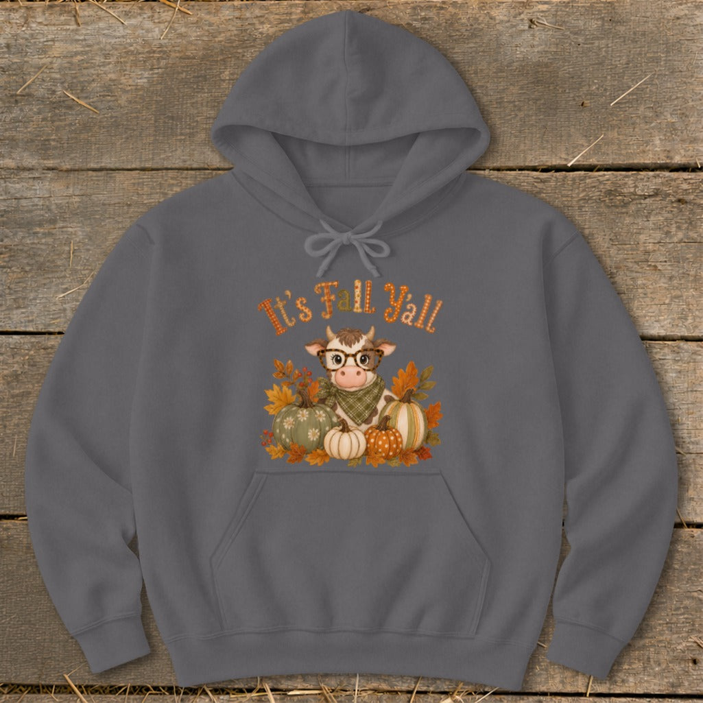 Gray hoodie with a cow, pumpkins, and "It's Fall Y'all" text graphic.