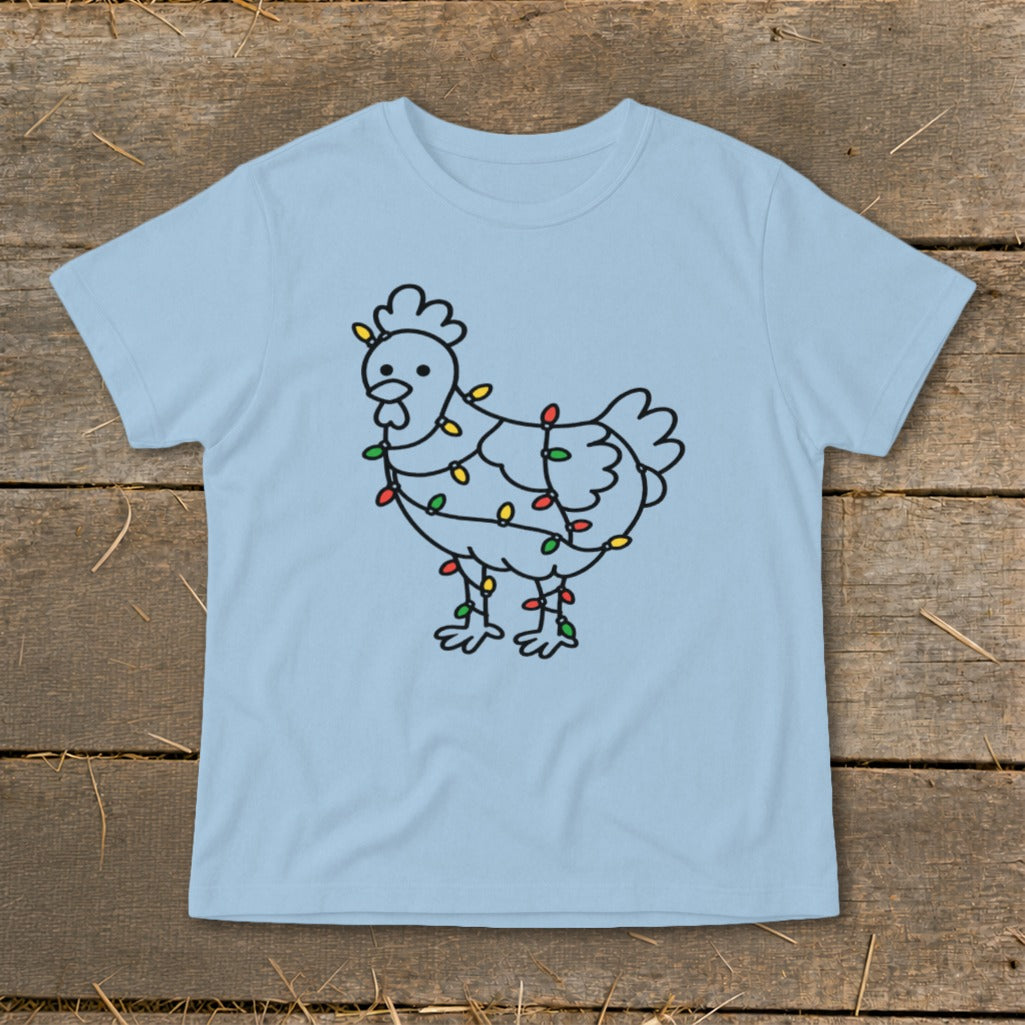 Light blue t-shirt with a black line drawing of a chicken wrapped in colorful Christmas lights.